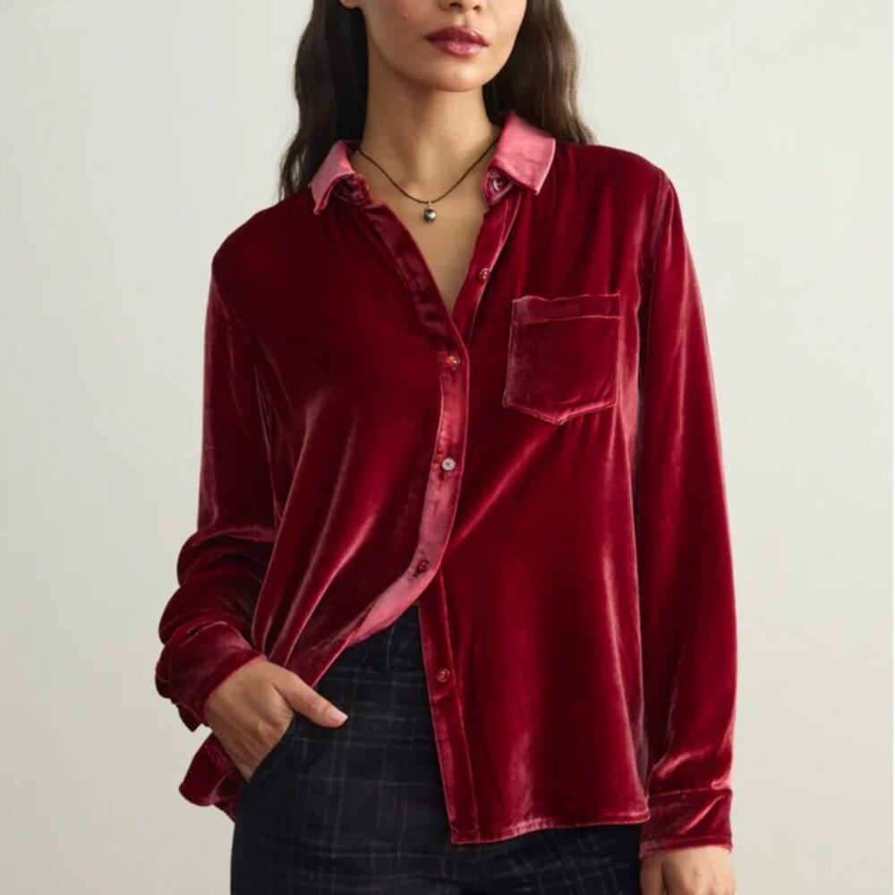 Adriano Goldschmied Velvet Button-Up Shirt Long Sleeve Red Womens Size S (NWOT)